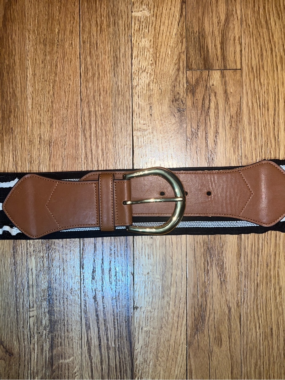 2015 Lauren Ralph Lauren Striped Elastic Wide Belt Leather Brown Black White